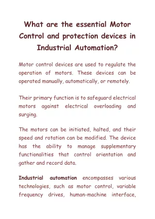 What are the essential Motor Control and protection devices in Industrial Automation