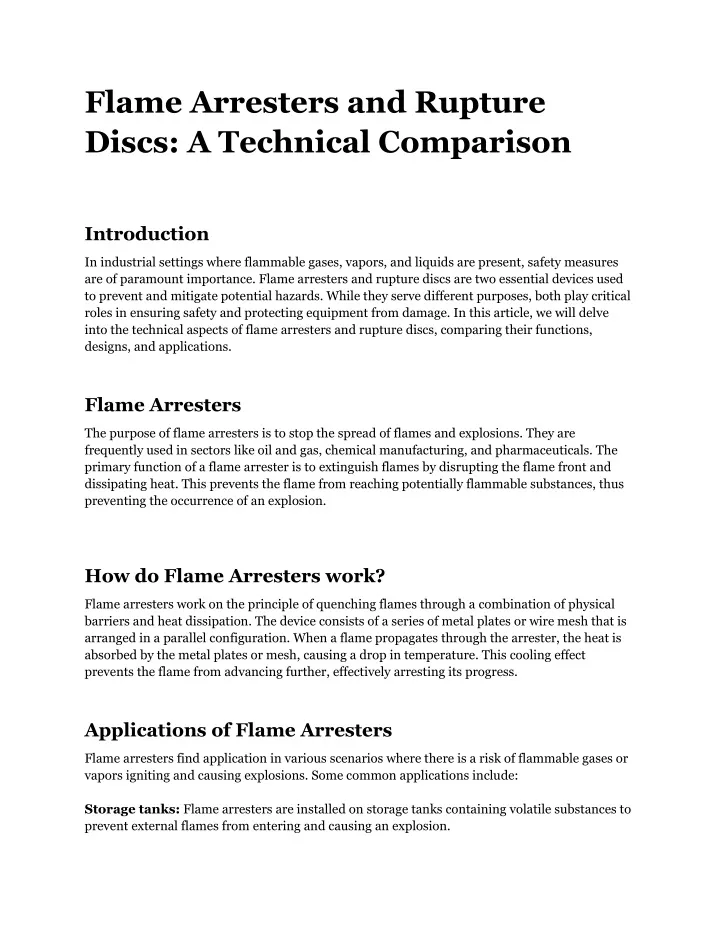 flame arresters and rupture discs a technical