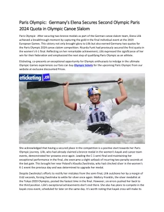 Paris Olympic Germany's Elena Secures Second Olympic Paris 2024 Quota in Olympic Canoe Slalom