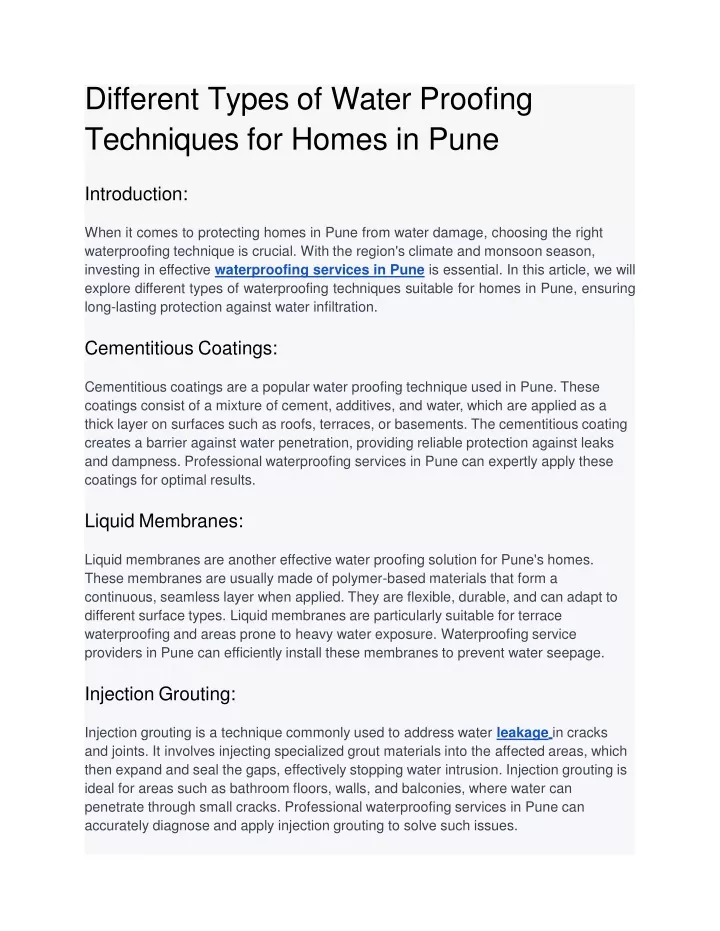 different types of water proofing techniques for homes in pune