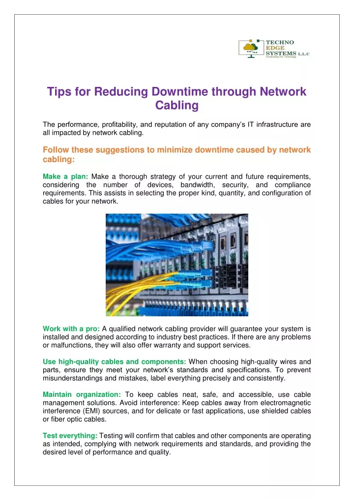 tips for reducing downtime through network cabling