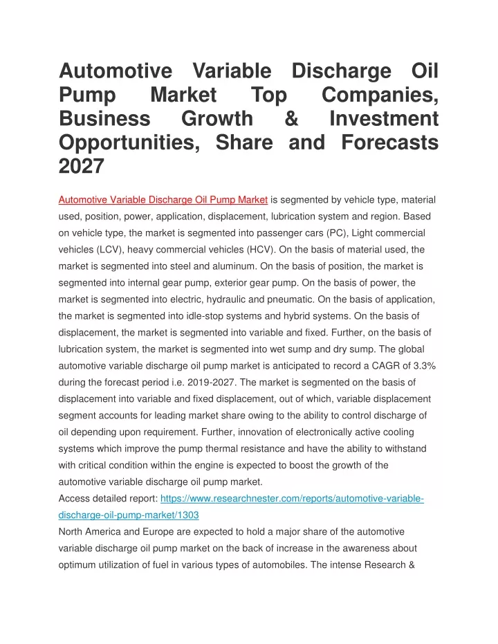 automotive variable discharge oil pump market