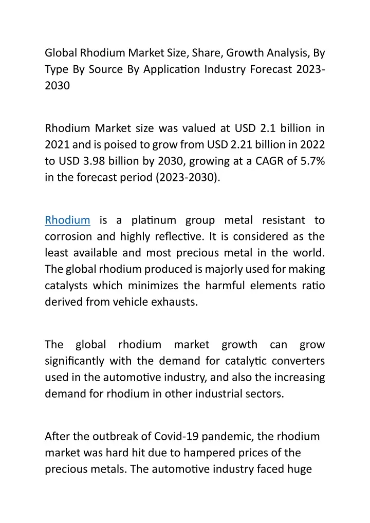 global rhodium market size share growth analysis