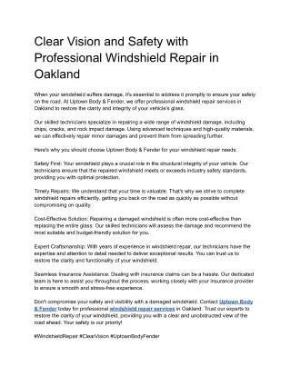 Clear Vision and Safety with Professional Windshield Repair in Oakland