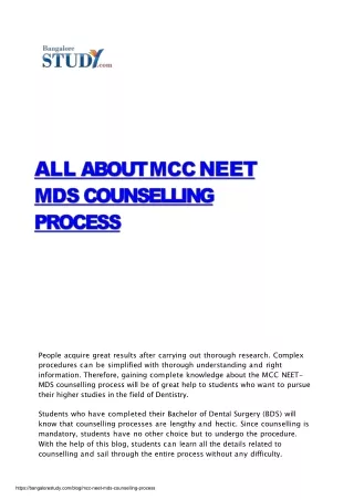 MCC NEET MDS Counselling Process, Know More