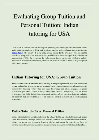 Evaluating Group Tuition and Personal Tuition Indian tutoring for USA
