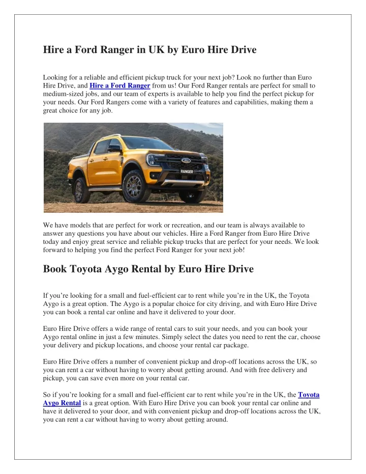 hire a ford ranger in uk by euro hire drive