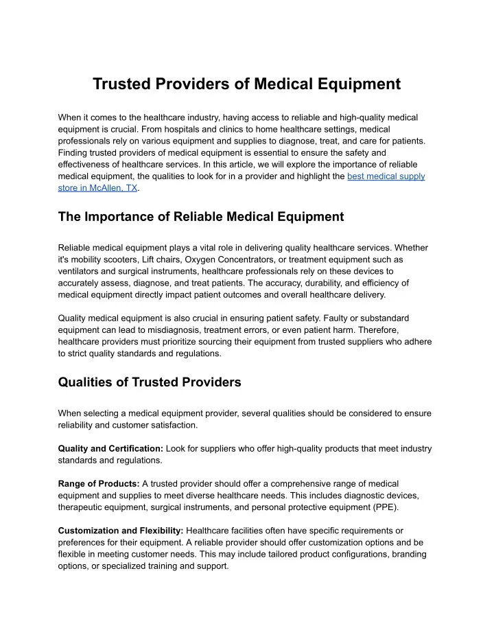 trusted providers of medical equipment