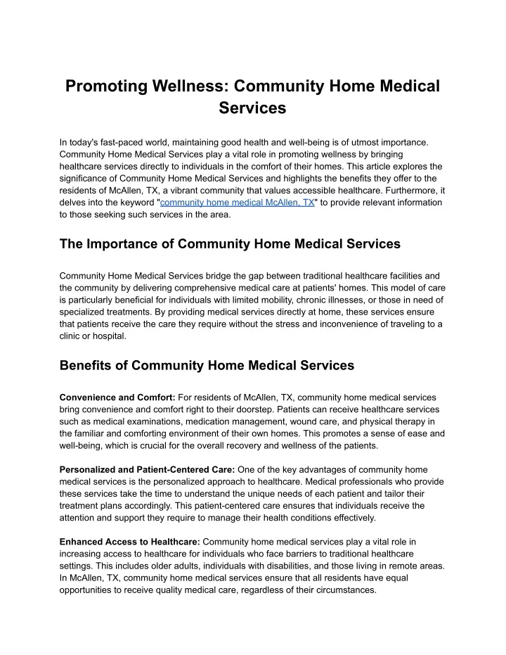 promoting wellness community home medical services