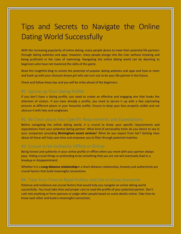 tips and secrets to navigate the online dating