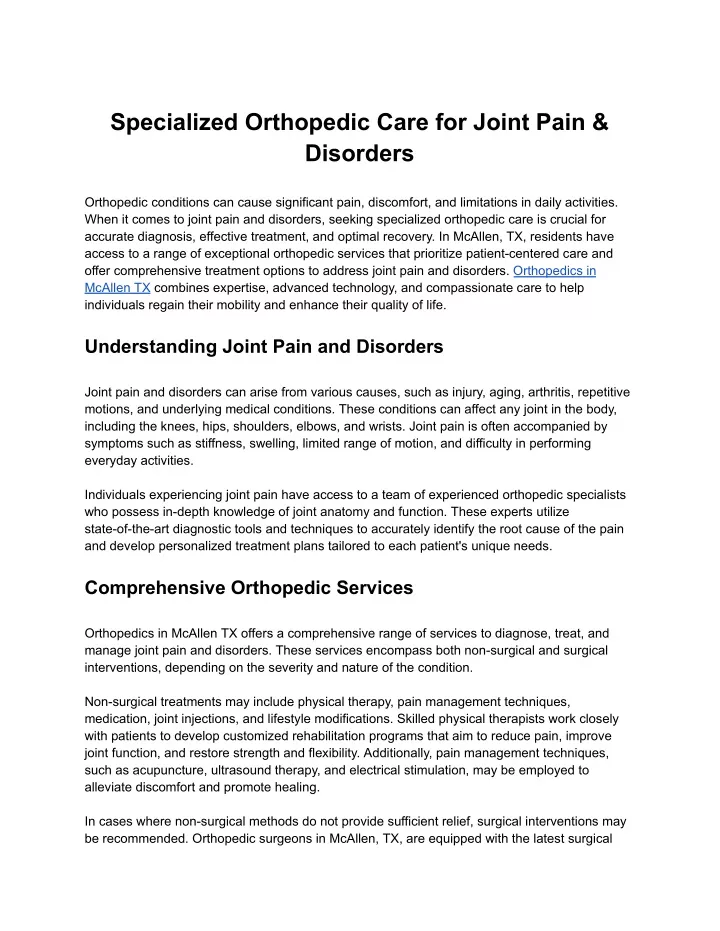 specialized orthopedic care for joint pain