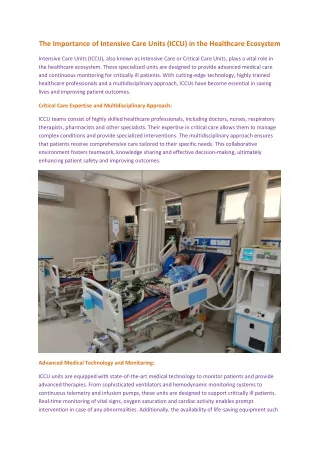 The Importance of Intensive Care Units (ICCU) in the Healthcare Ecosystem