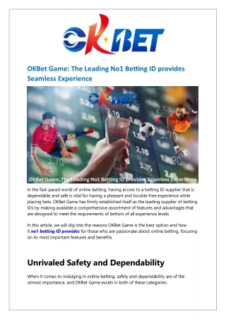 OKBet Game: The Leading No1 Betting ID provides Seamless Experience