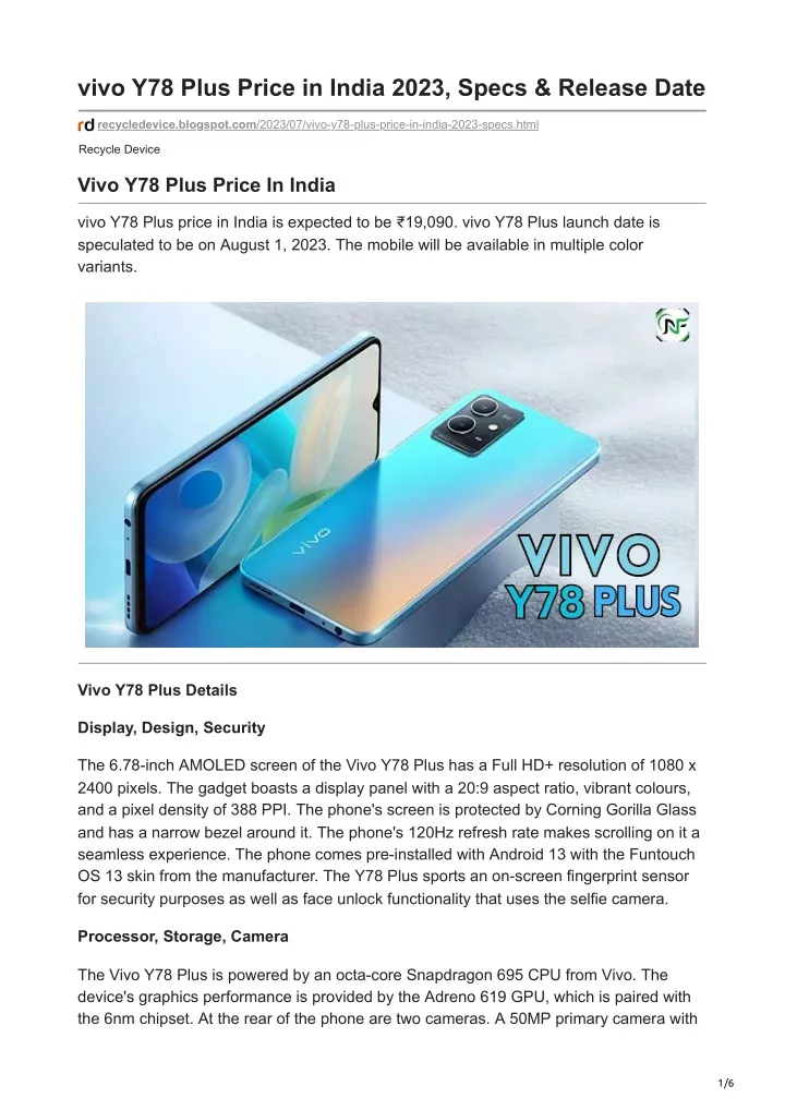 vivo y78 plus price in india 2023 specs release