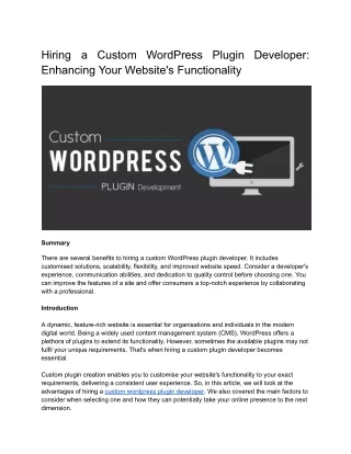 Hiring a Custom WordPress Plugin Developer: Enhancing Your Website's Functionali