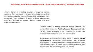 Elevate Your SME's Skills and Performance for Cultural Transformation with Creative Factor's Training