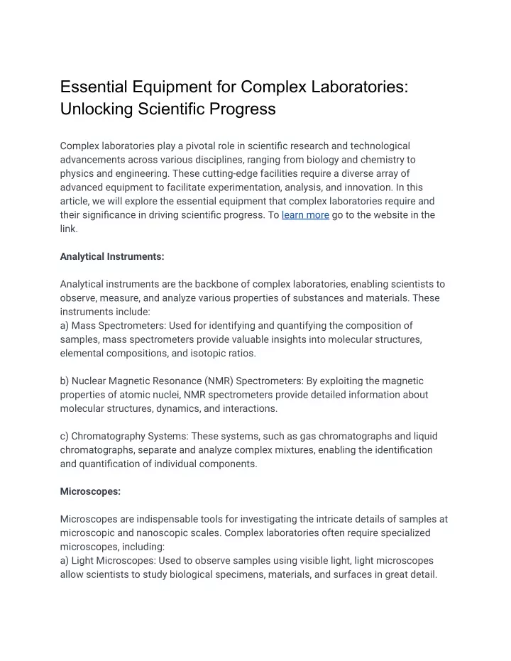 essential equipment for complex laboratories