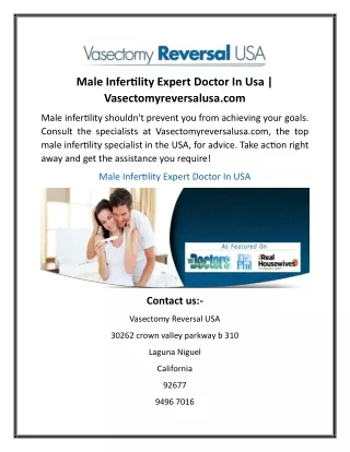 Male Infertility Expert Doctor In Usa  Vasectomyreversalusa