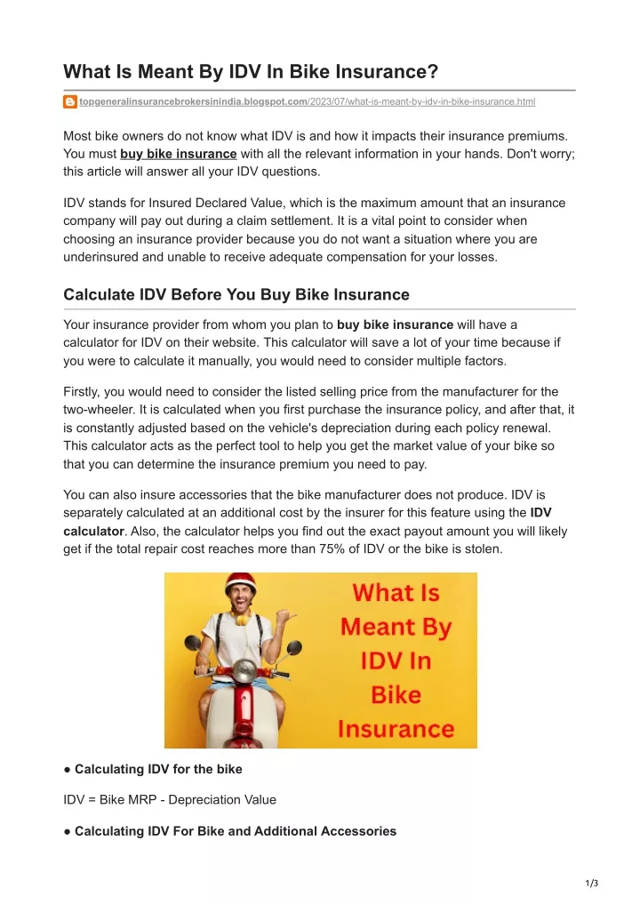 what is meant by idv in bike insurance