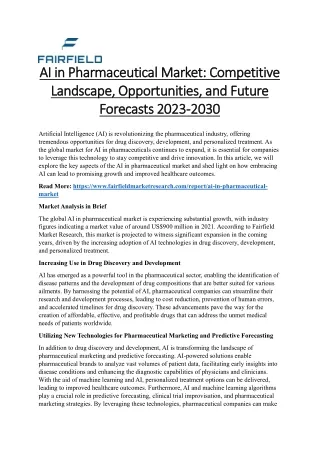 AI in Pharmaceutical Market Competitive Landscape, Opportunities, and Future Forecasts 2023-2030
