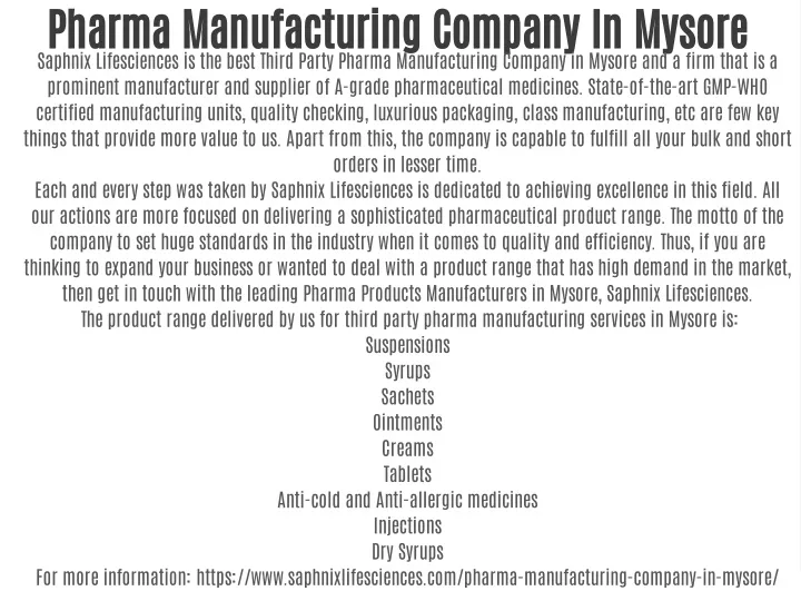 pharma manufacturing company in mysore saphnix