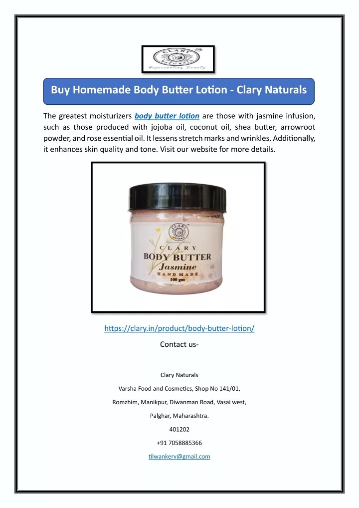 buy homemade body butter lotion clary naturals