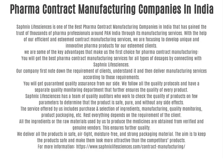 pharma contract manufacturing companies in india