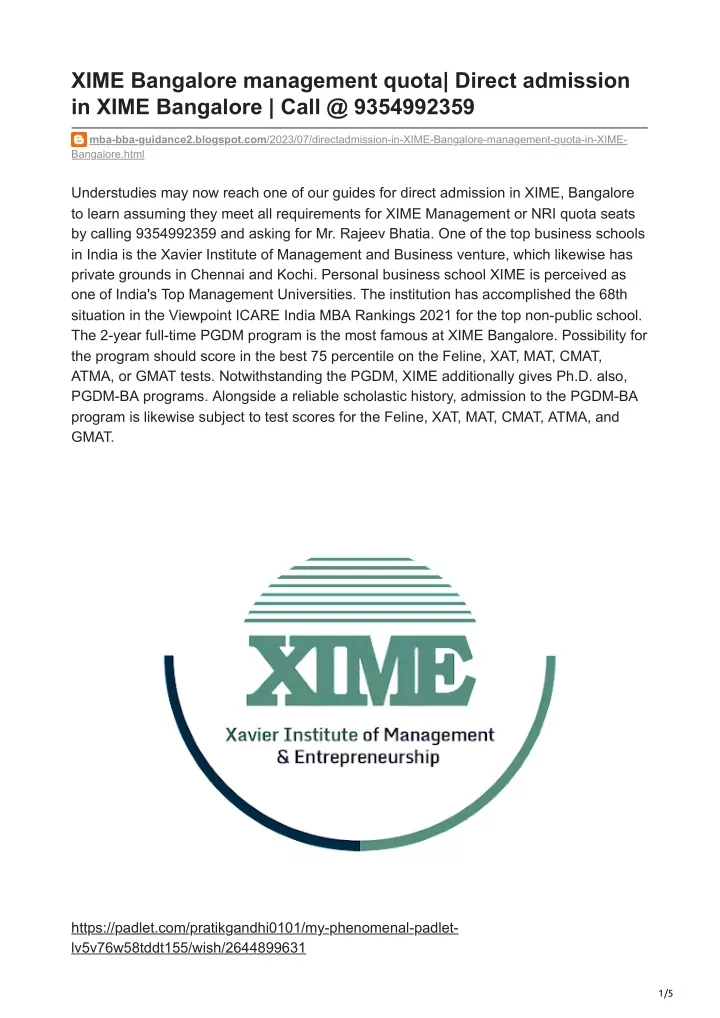 xime bangalore management quota direct admission