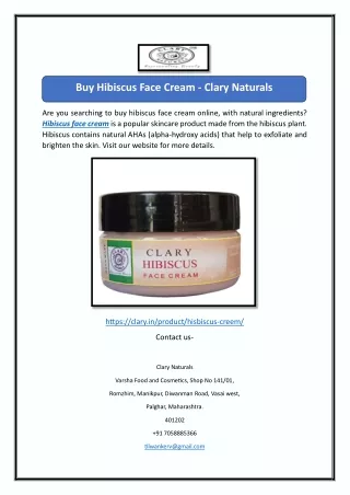 Buy Hibiscus Face Cream - Clary Naturals