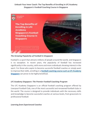 Unleash Your Inner Coach - The Top Benefits of Enrolling in LFC Academy Singapore's Football Coaching Course in Singapor