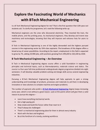 Explore the Fascinating World of Mechanics with B Tech Mechanical Engineering
