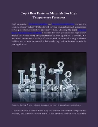 Top 5 Best Fastener Materials For High Temperature Fasteners