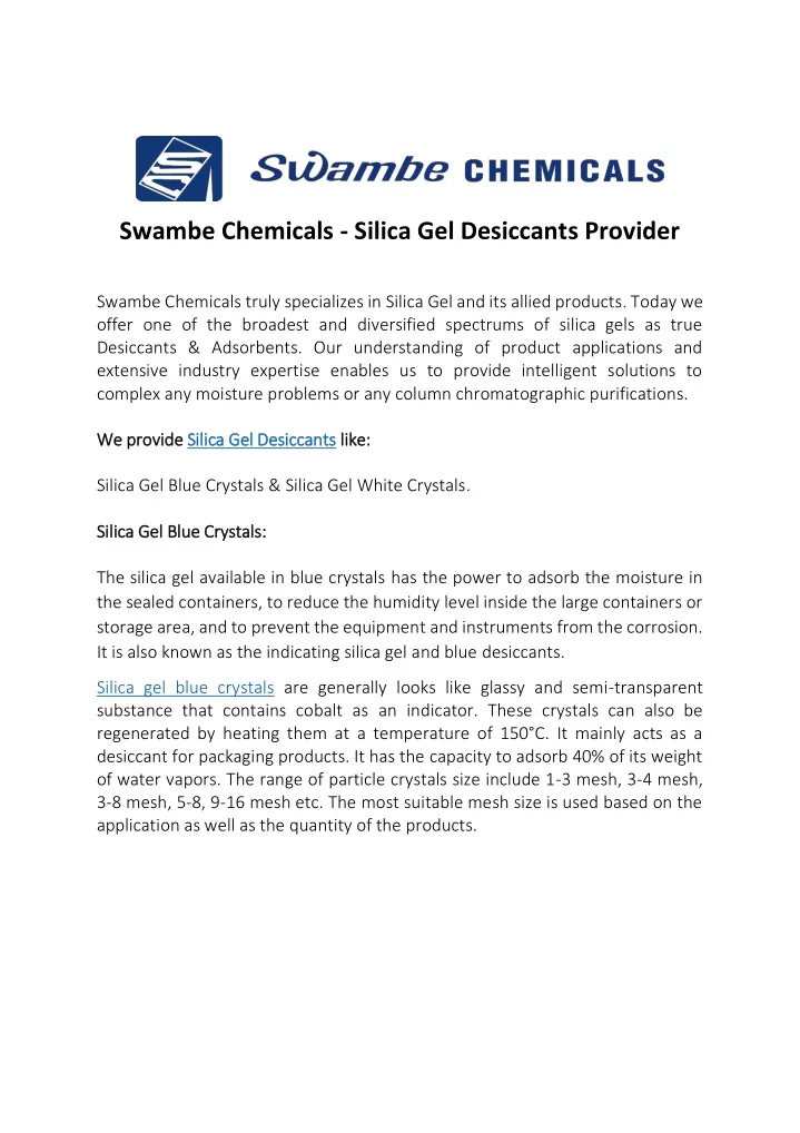 swambe chemicals silica gel desiccants provider