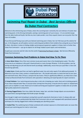 Swimming Pool Repair In Dubai  Best Services Offered By Dubai Pool Contractors