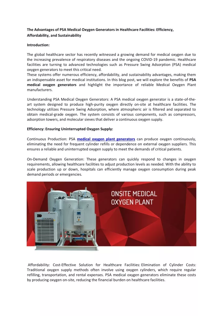 the advantages of psa medical oxygen generators