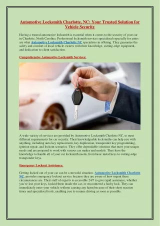 Automotive Locksmith Charlotte, NC Your Trusted Solution for Vehicle Security