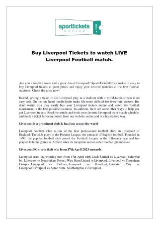 Buy Liverpool Tickets to watch LIVE Liverpool Football match