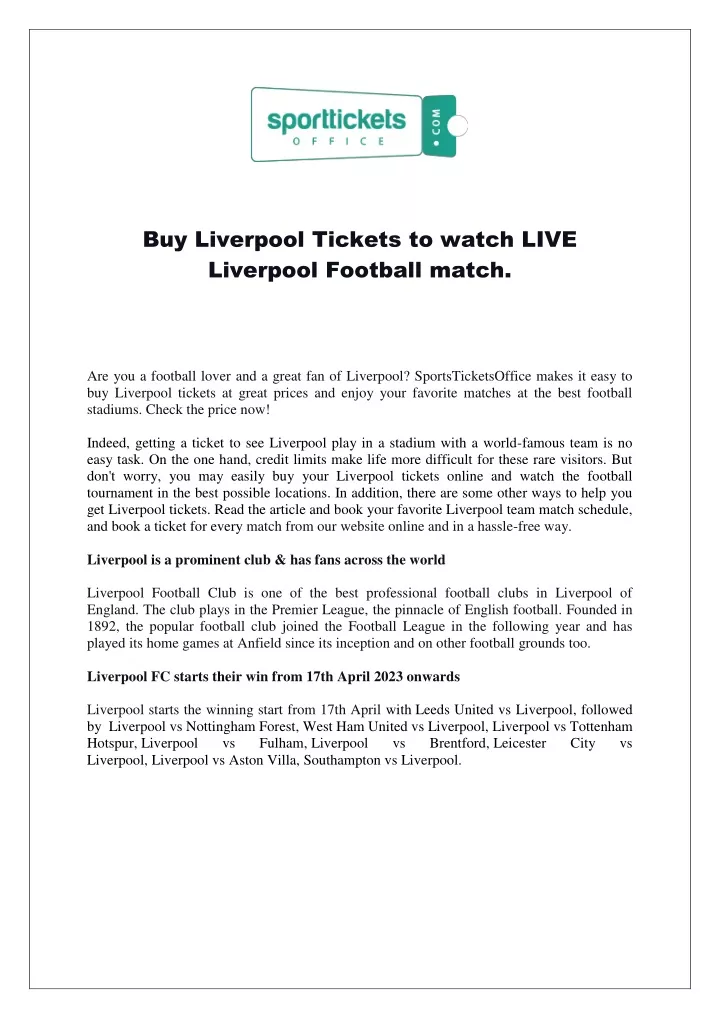 buy liverpool tickets to watch live liverpool