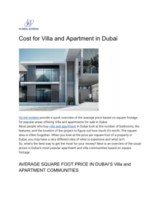 Cost of Villa and Apartment in Dubai