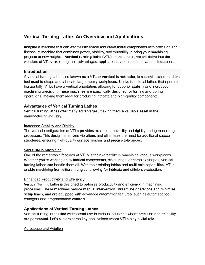 vertical turning lathe an overview