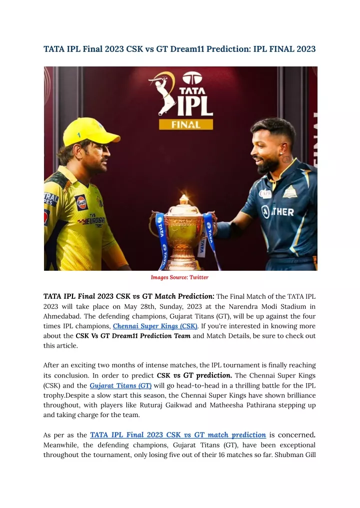 tata ipl final 2023 csk vs gt dream11 prediction