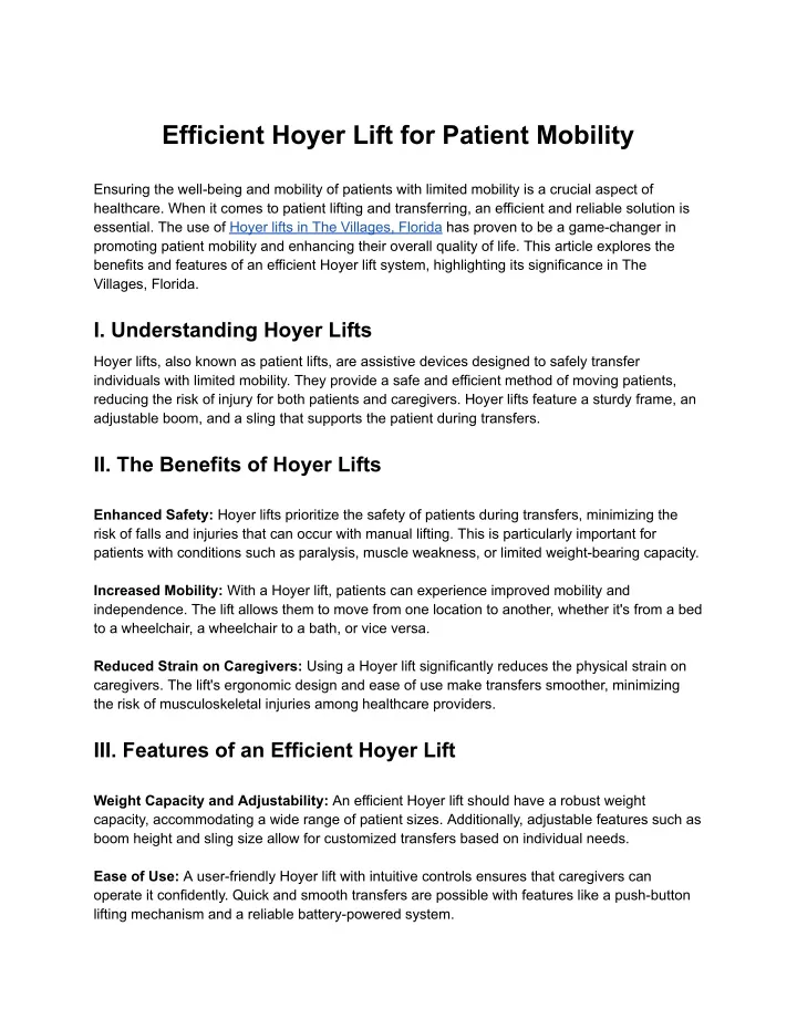 efficient hoyer lift for patient mobility