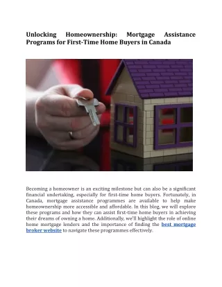 Unlocking Homeownership Mortgage Assistance Programs for First-Time Home Buyers in Canada