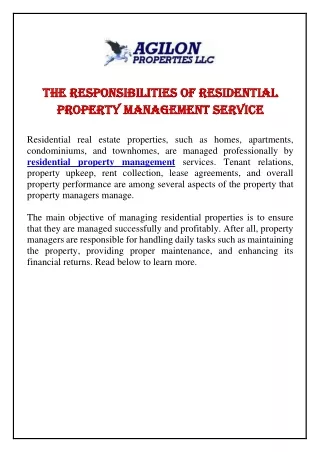 The Responsibilities Of Residential Property Management Service