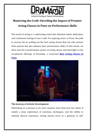 Mastering the Craft Unveiling the Impact of Premier Acting Classes in Pune on Performance Skills