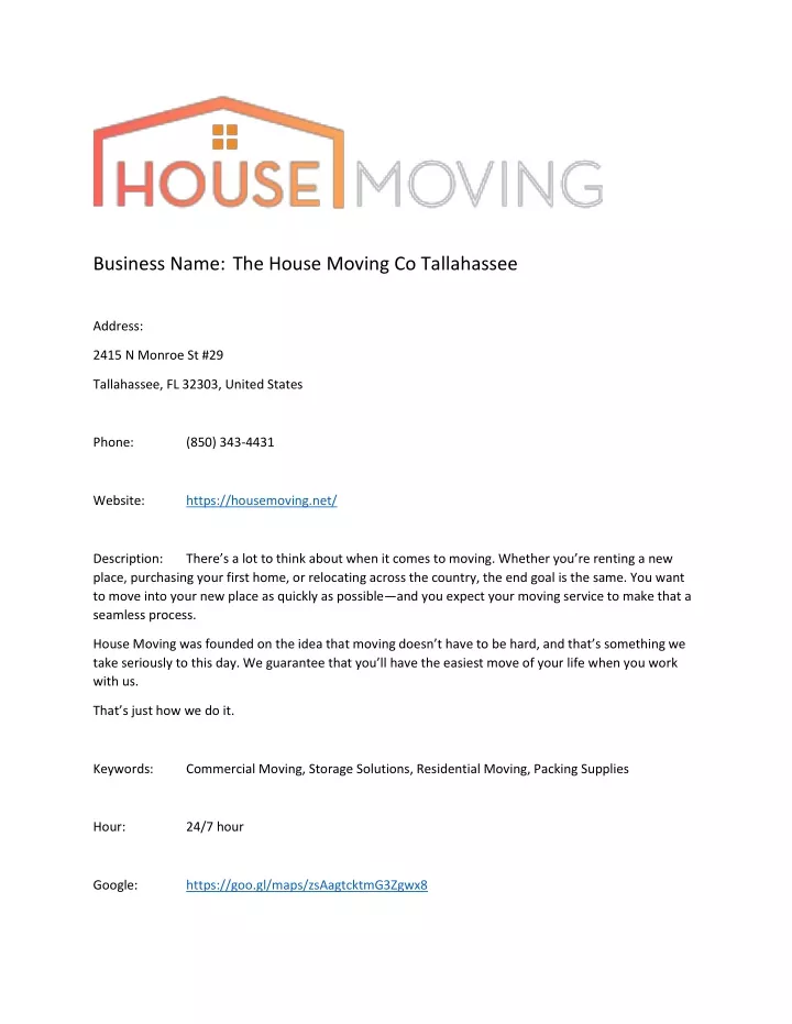 business name the house moving co tallahassee