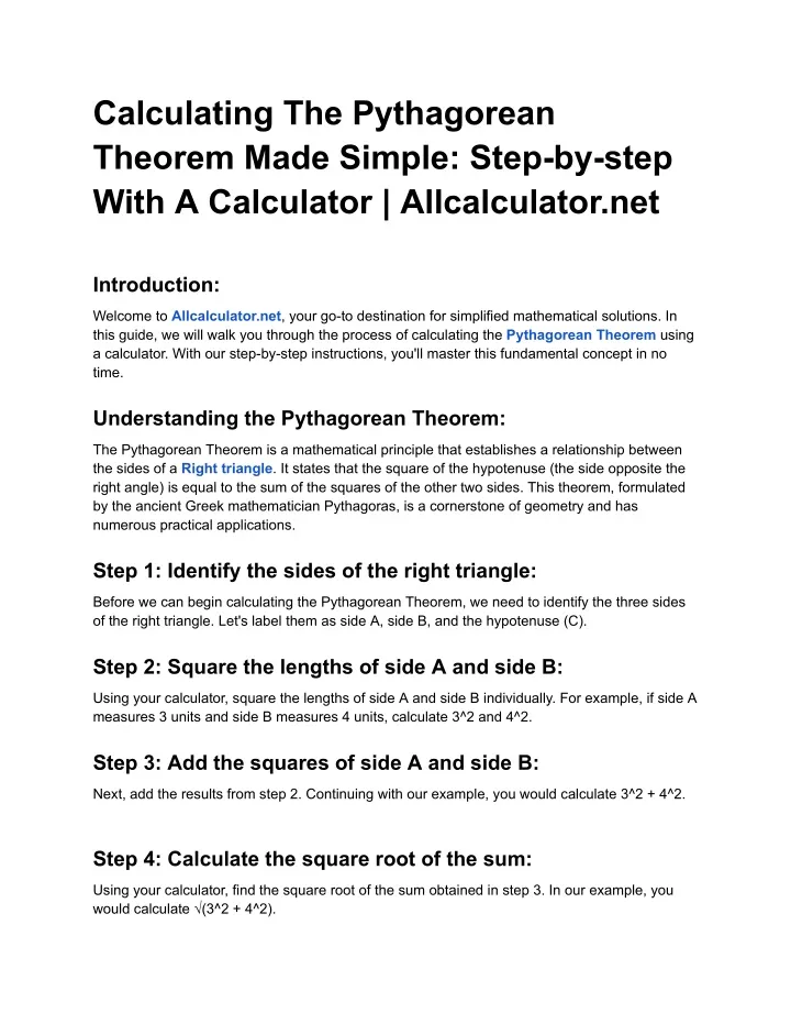 calculating the pythagorean theorem made simple