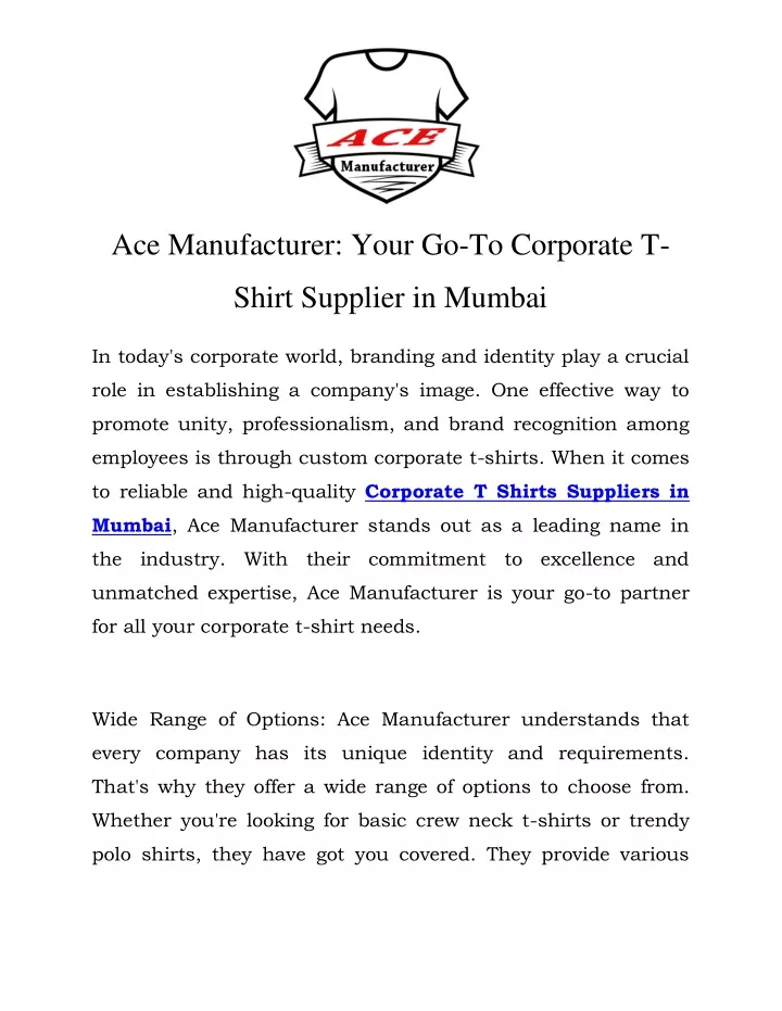 ace manufacturer your go to corporate t