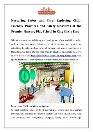 Nurturing Safety and Care Exploring Child-Friendly Practices and Safety Measures at the Premier Nursery Play School in K