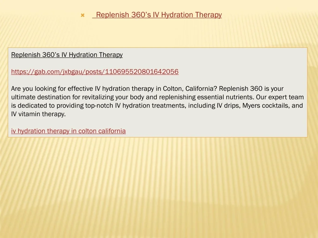 PPT - Replenish 360’s IV Hydration Therapy PowerPoint Presentation ...